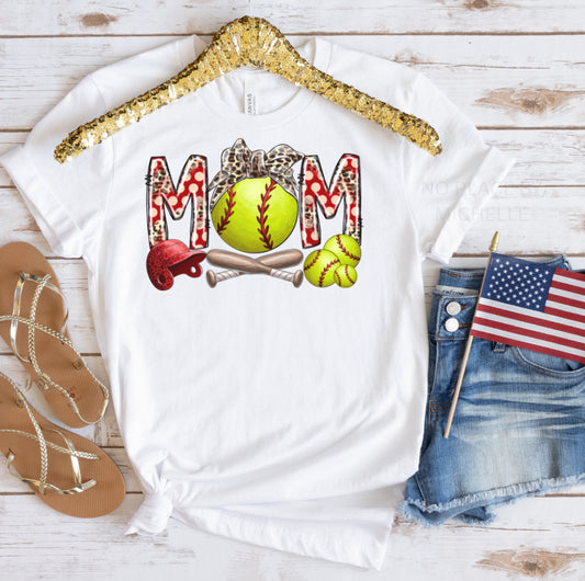 Softball Mom Patriotic Graphic Tee – Red, White & Leopard Game Day Shirt