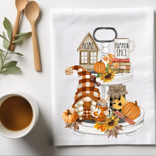 Fall tier tray gnome flour sack hand towel