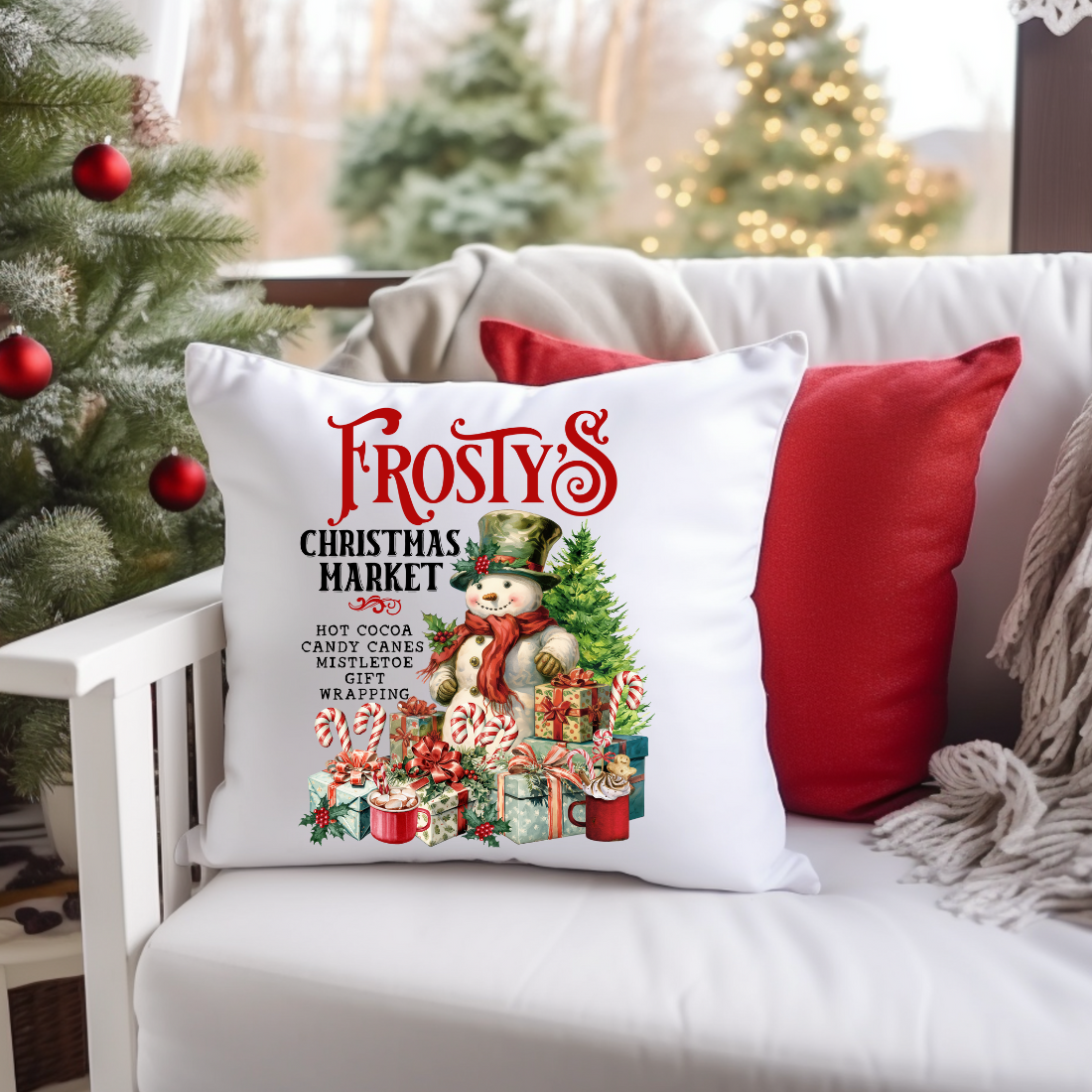 Frosty's Christmas Market throw pillow