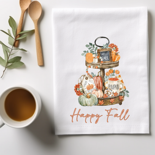 Happy Fall tier tray flour sack hand towel