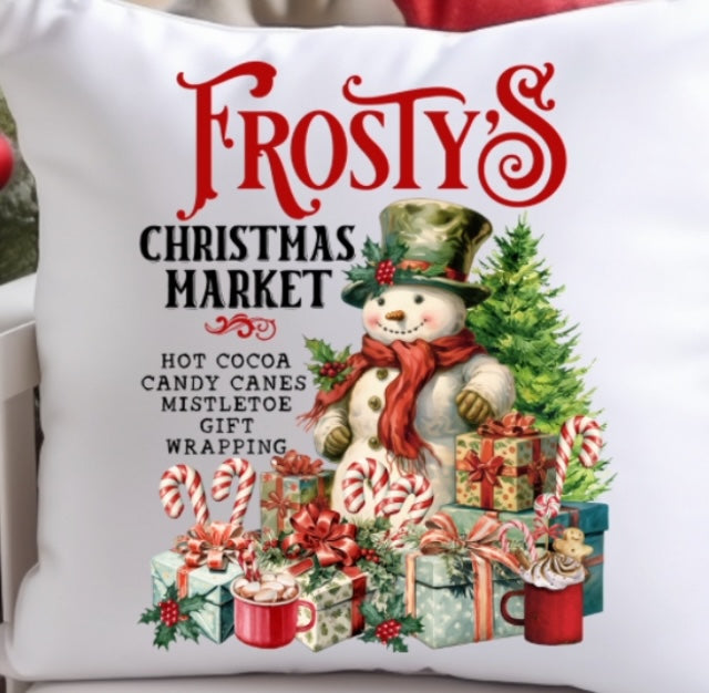 Frosty's Christmas Market throw pillow